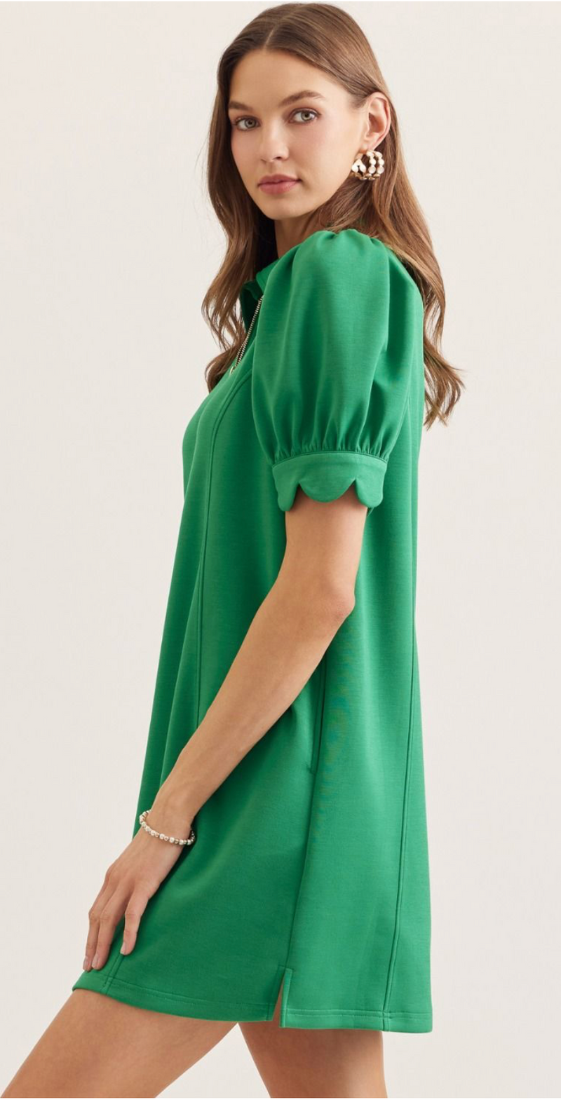 madison mini dress Green Pop Zip Black Heels Navy Blue Scalloped collared neckline red ruffle dress Length:45 inches