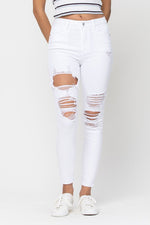 White-High Rise Distressed Ankle Skinny