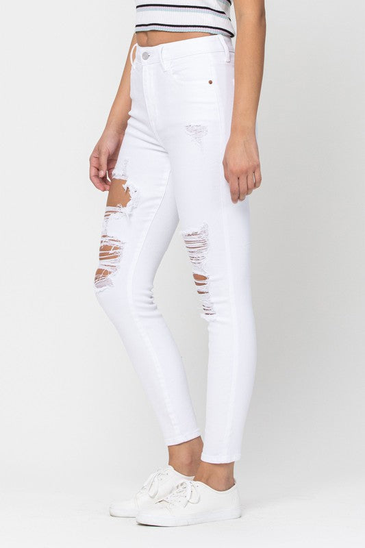 White-High Rise Distressed Ankle Skinny